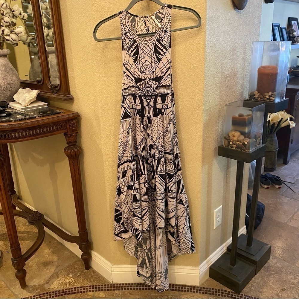 FREE PEOPLE Women Black White Patterned Flowy High-Low Hem Boho Dress Size XS